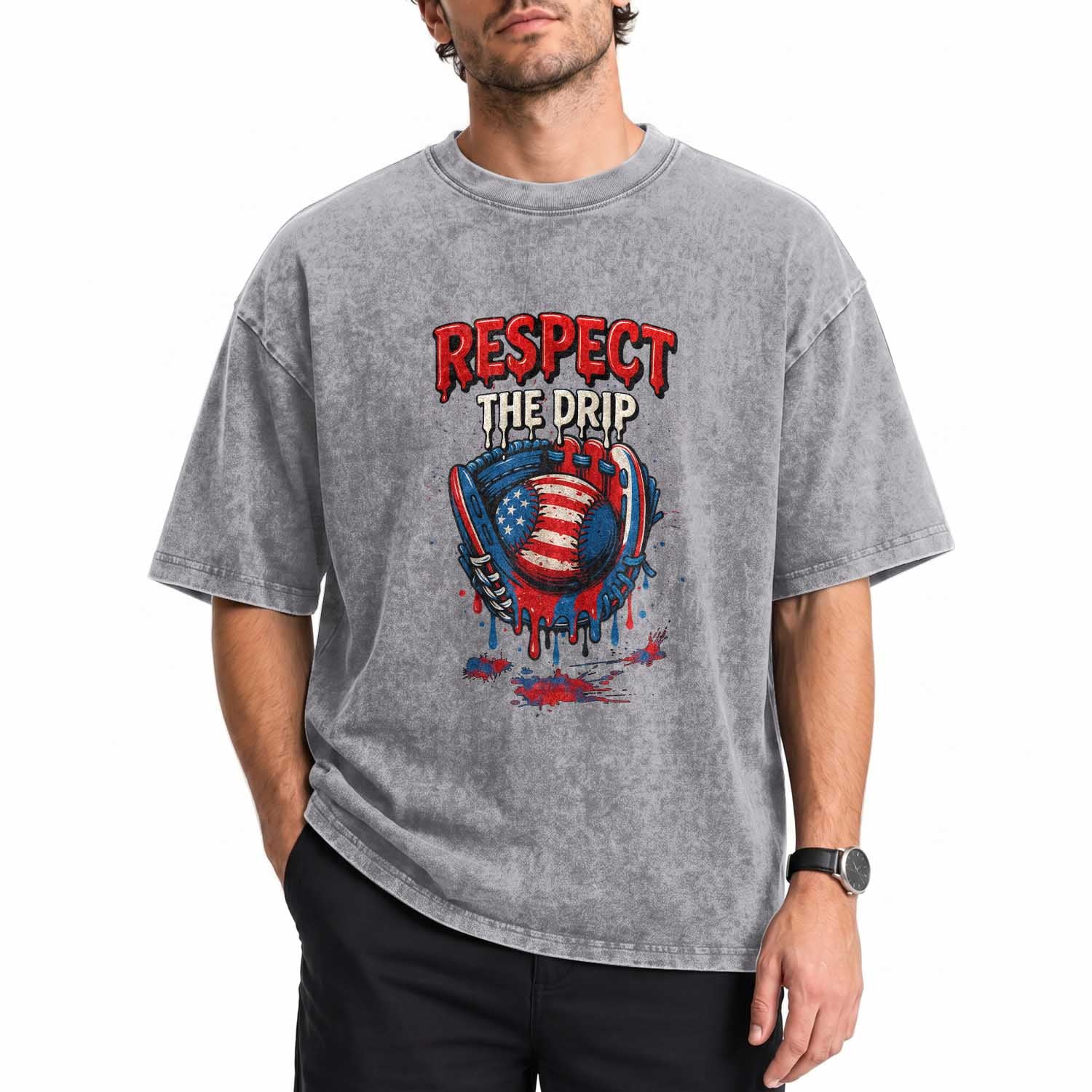 Respect The Drip Washed Cotton T-Shirt Patriotic Baseball USA Sports Lover