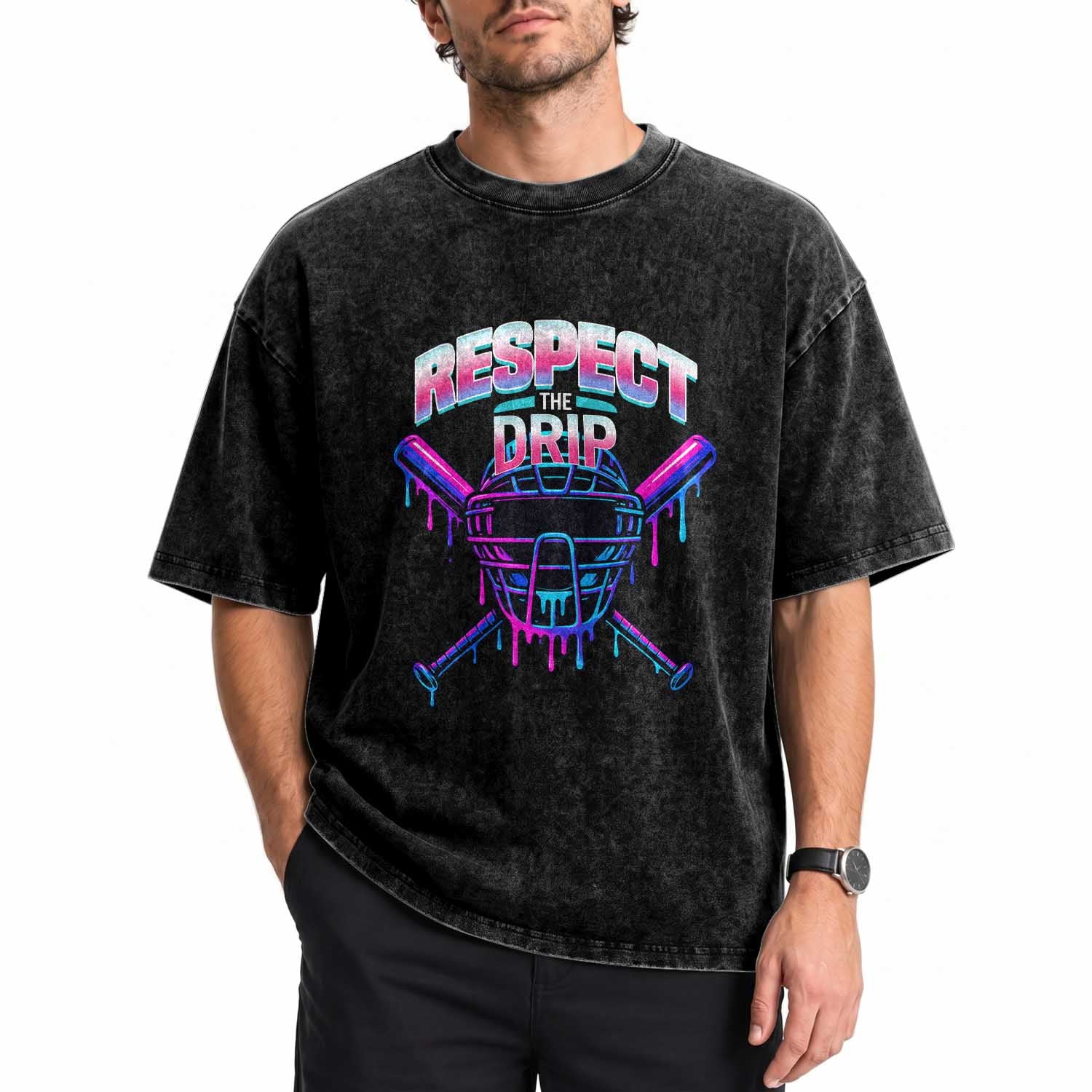 Respect The Drip Washed Cotton T-Shirt Funny Baseball Catcher Mask Sports Lover
