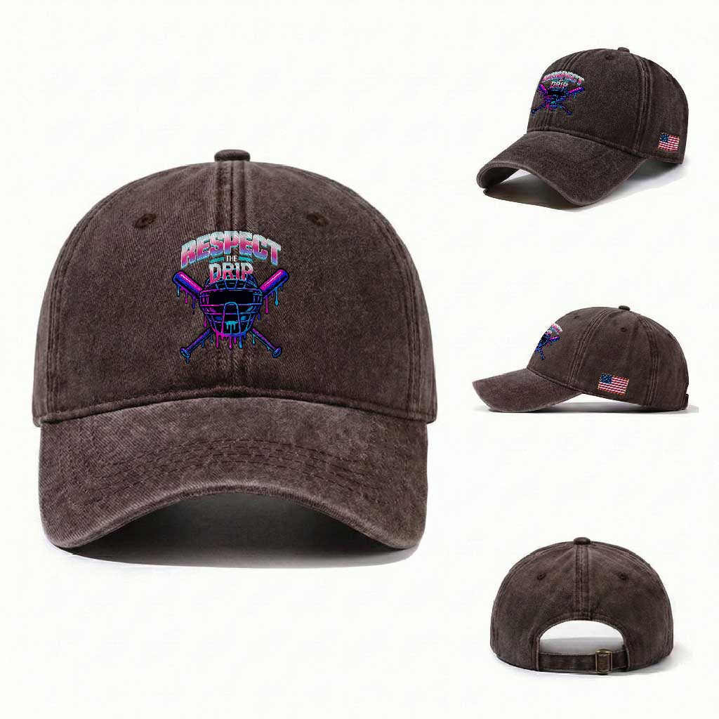 Respect The Drip Washed Cotton Baseball Cap Funny Baseball Catcher Mask Sports Lover TS12 Washed Cap Universal Fit Dark Brown Print Your Wear
