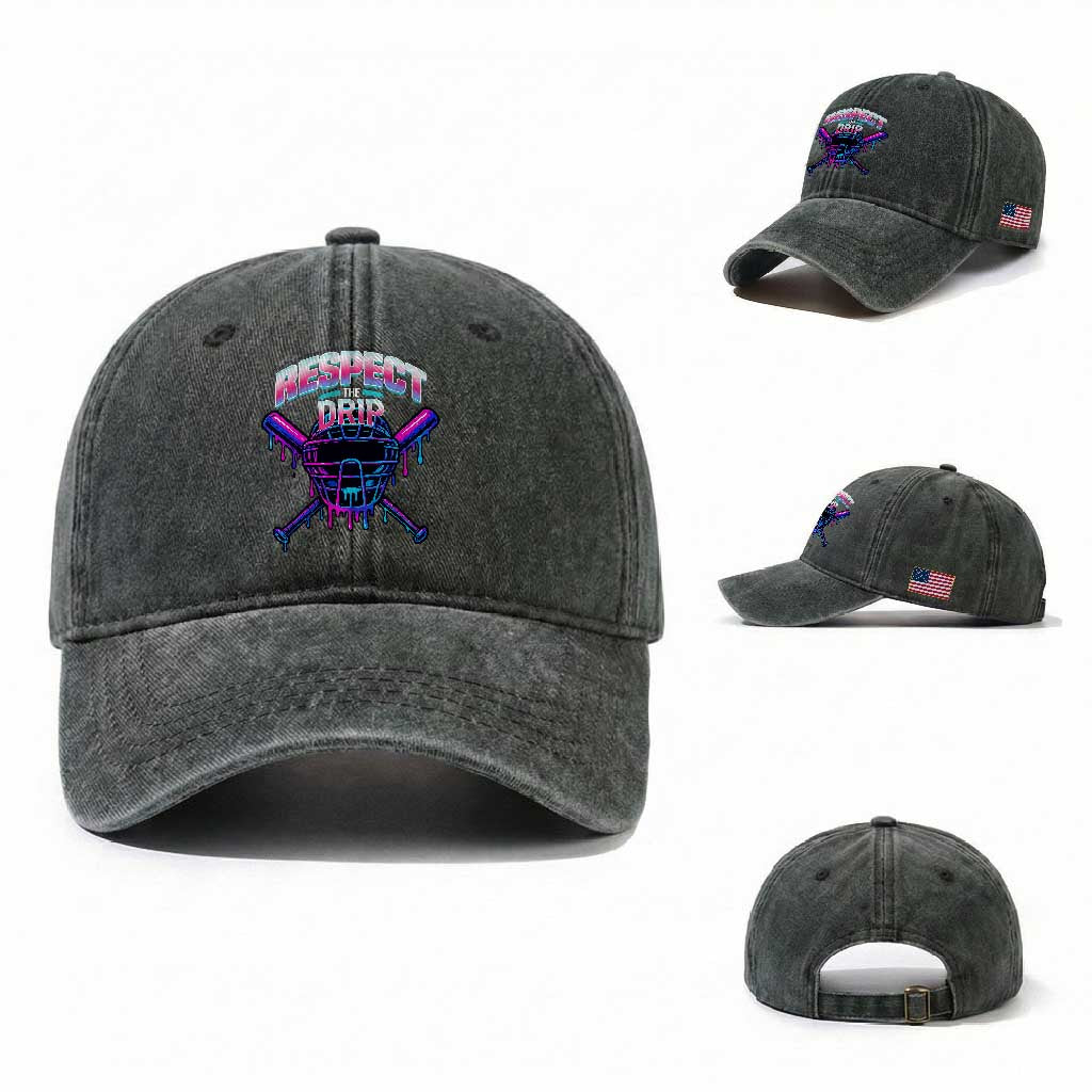 Respect The Drip Washed Cotton Baseball Cap Funny Baseball Catcher Mask Sports Lover TS12 Washed Cap Universal Fit Dark Green Print Your Wear