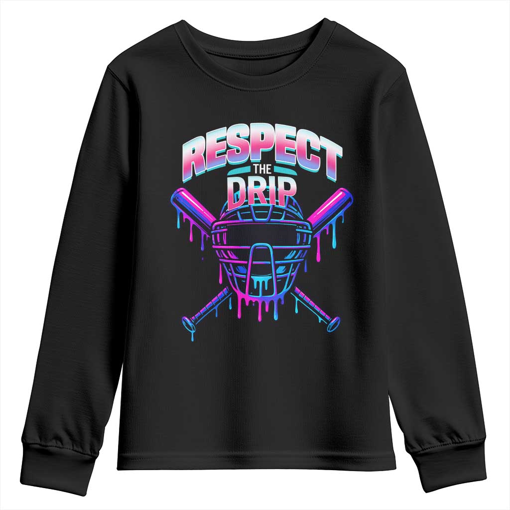 Respect The Drip Youth Sweatshirt Funny Baseball Catcher Mask Sports Lover TS12 Black Print Your Wear