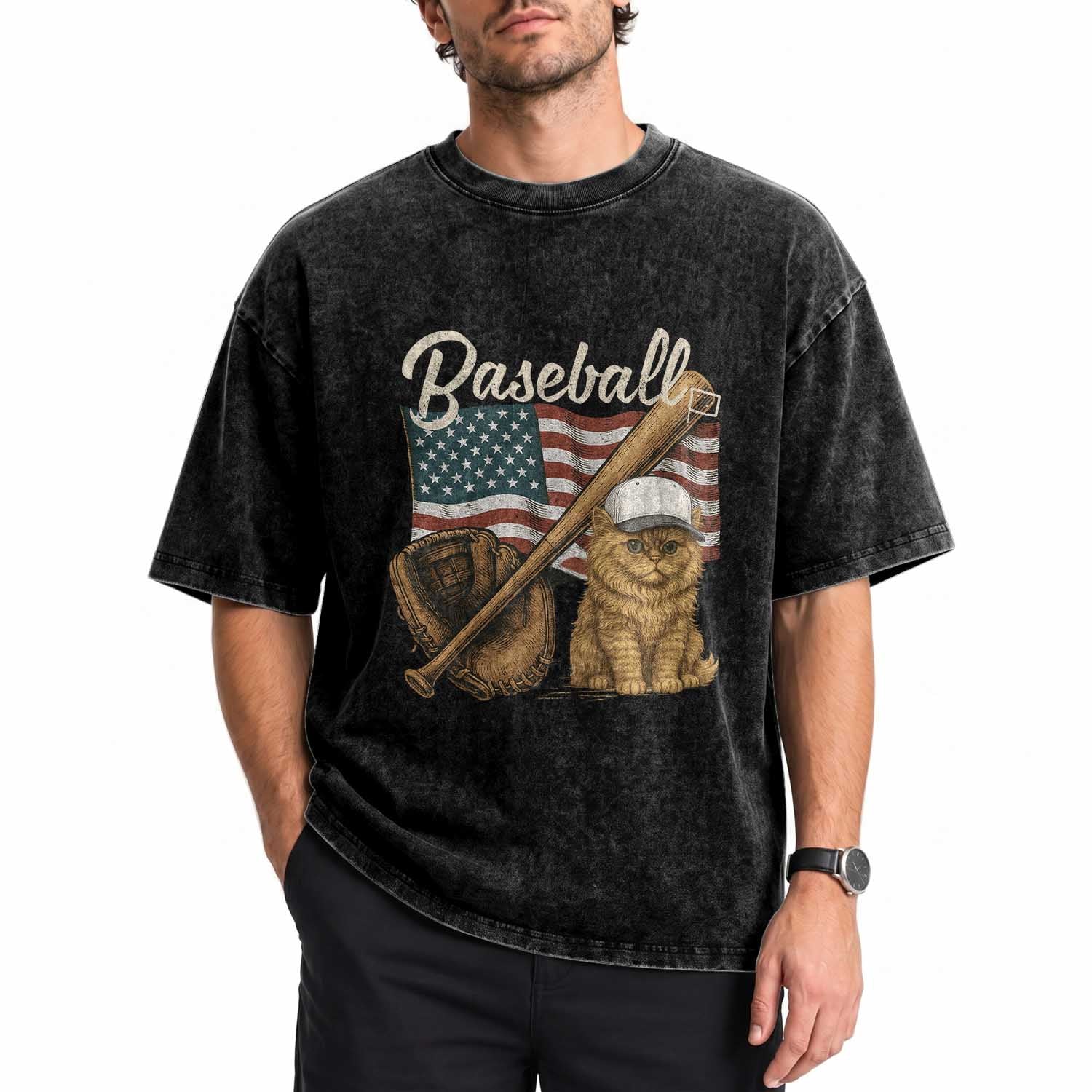 Funny Baseball Cat Lover Washed Cotton T-Shirt Patriotic USA Sports Lover