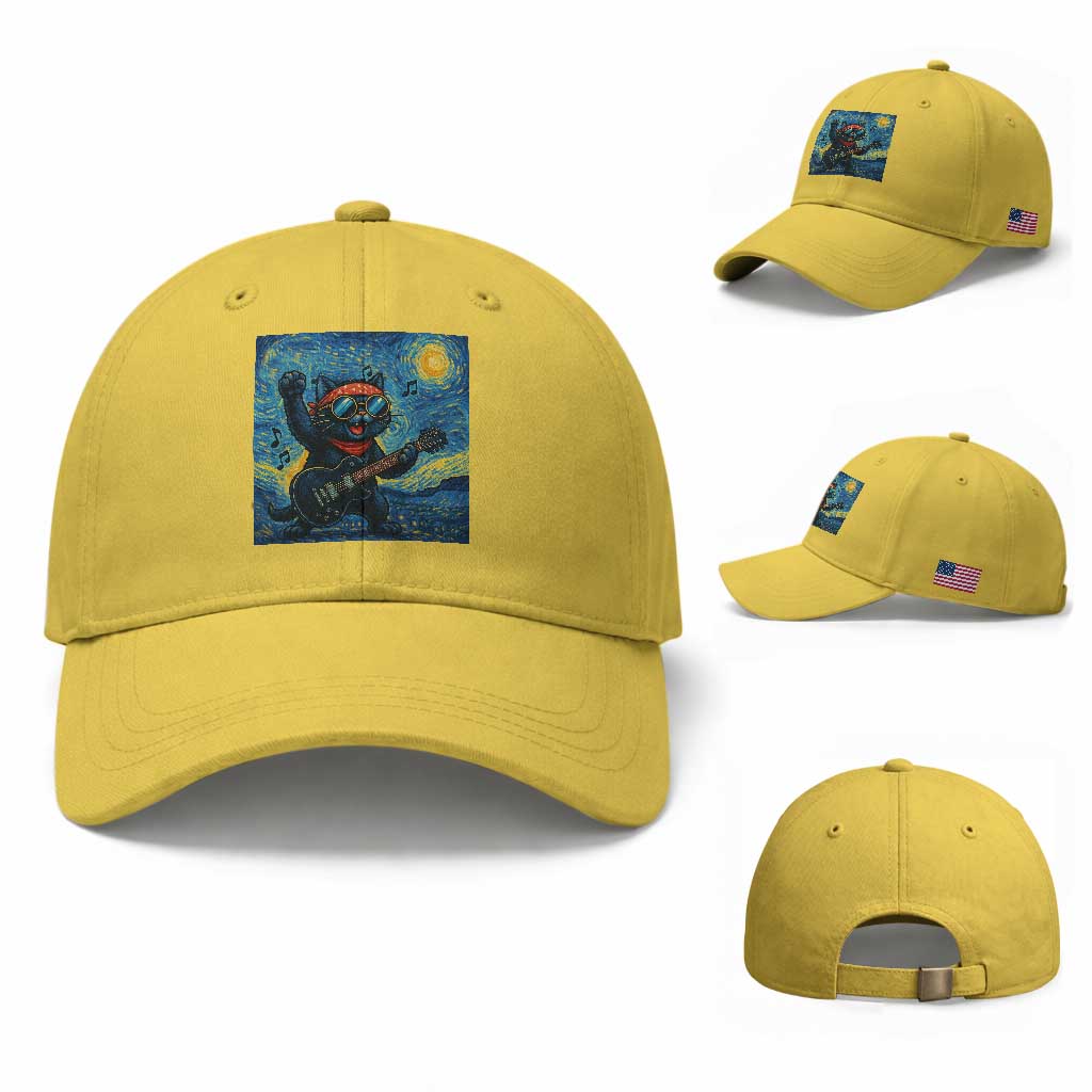 Funny Rock And Roll Baseball Cap Cat Playing Guitar Starry Night Music Lover TS12 Baseball Cap Universal Fit Yellow Print Your Wear