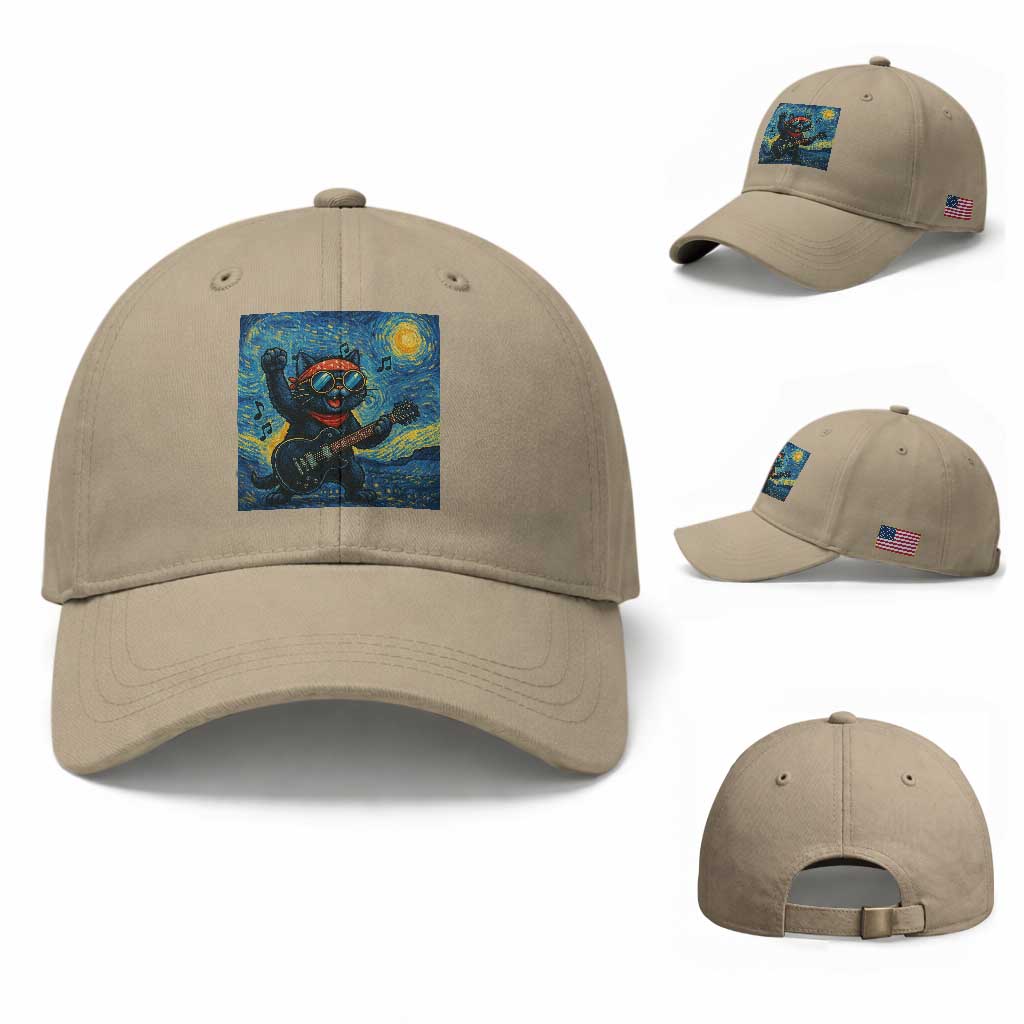 Funny Rock And Roll Baseball Cap Cat Playing Guitar Starry Night Music Lover TS12 Baseball Cap Universal Fit Khaki Print Your Wear
