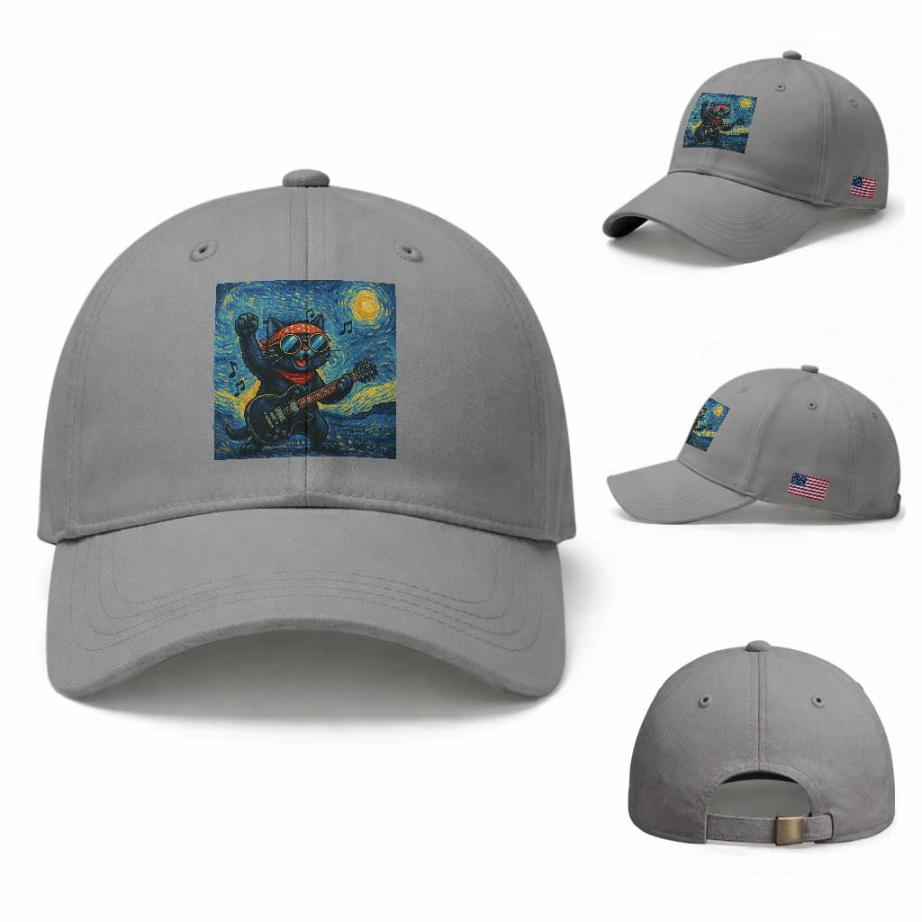 Funny Rock And Roll Baseball Cap Cat Playing Guitar Starry Night Music Lover TS12 Baseball Cap Universal Fit Sport Gray Print Your Wear