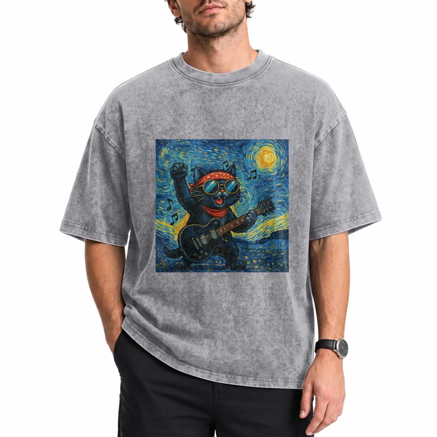 Funny Rock And Roll Washed Cotton T-Shirt Cat Playing Guitar Starry Night Music Lover