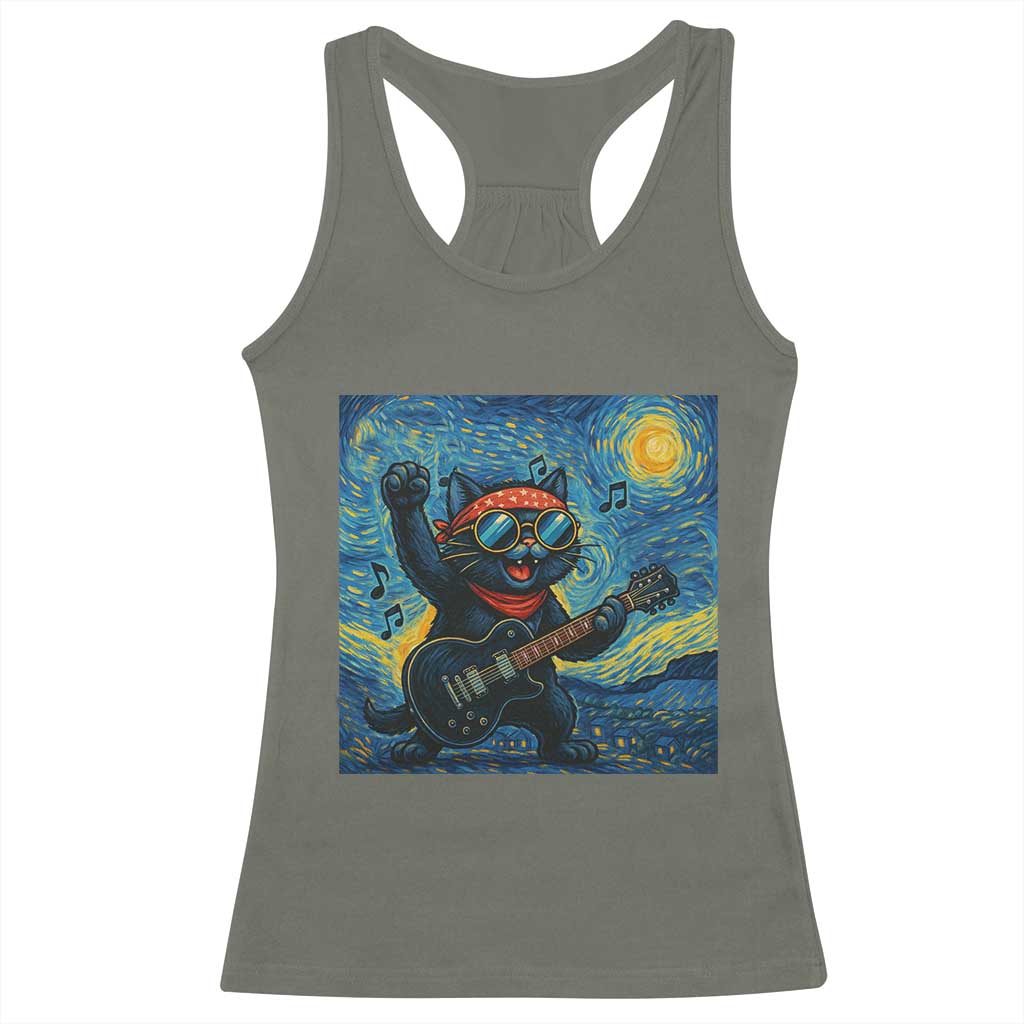 Funny Rock And Roll Racerback Tank Top Cat Playing Guitar Starry Night Music Lover TS12 Military Green Print Your Wear