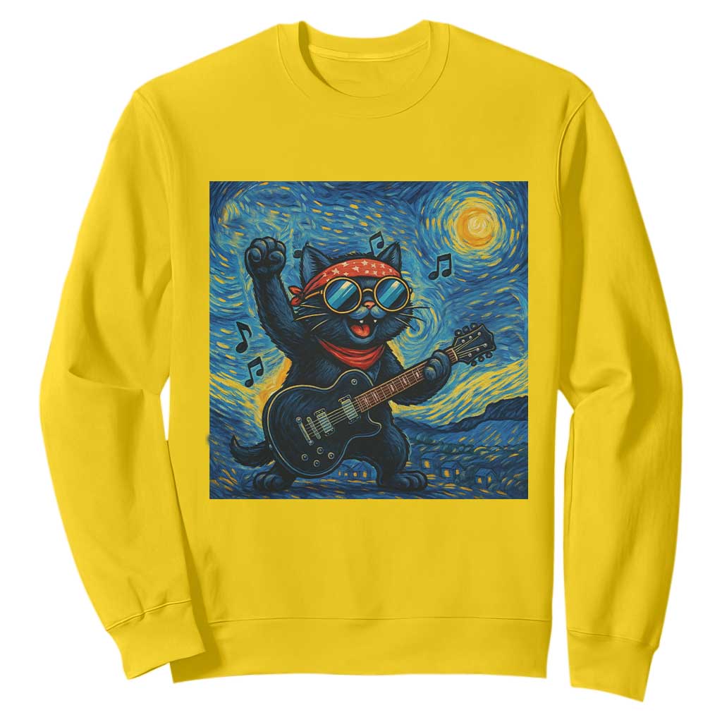 Funny Rock And Roll Sweatshirt Cat Playing Guitar Starry Night Music Lover TS12 Daisy Print Your Wear