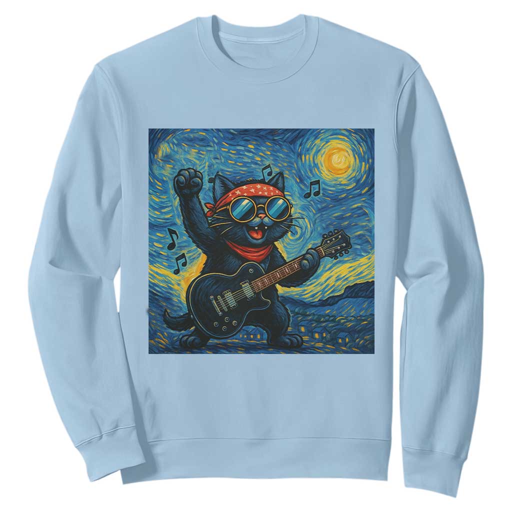 Funny Rock And Roll Sweatshirt Cat Playing Guitar Starry Night Music Lover TS12 Light Blue Print Your Wear