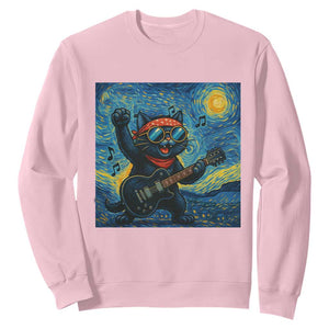 Funny Rock And Roll Sweatshirt Cat Playing Guitar Starry Night Music Lover TS12 Light Pink Print Your Wear