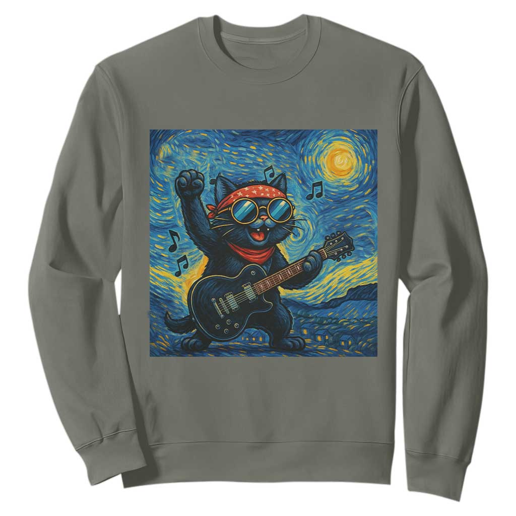 Funny Rock And Roll Sweatshirt Cat Playing Guitar Starry Night Music Lover TS12 Military Green Print Your Wear