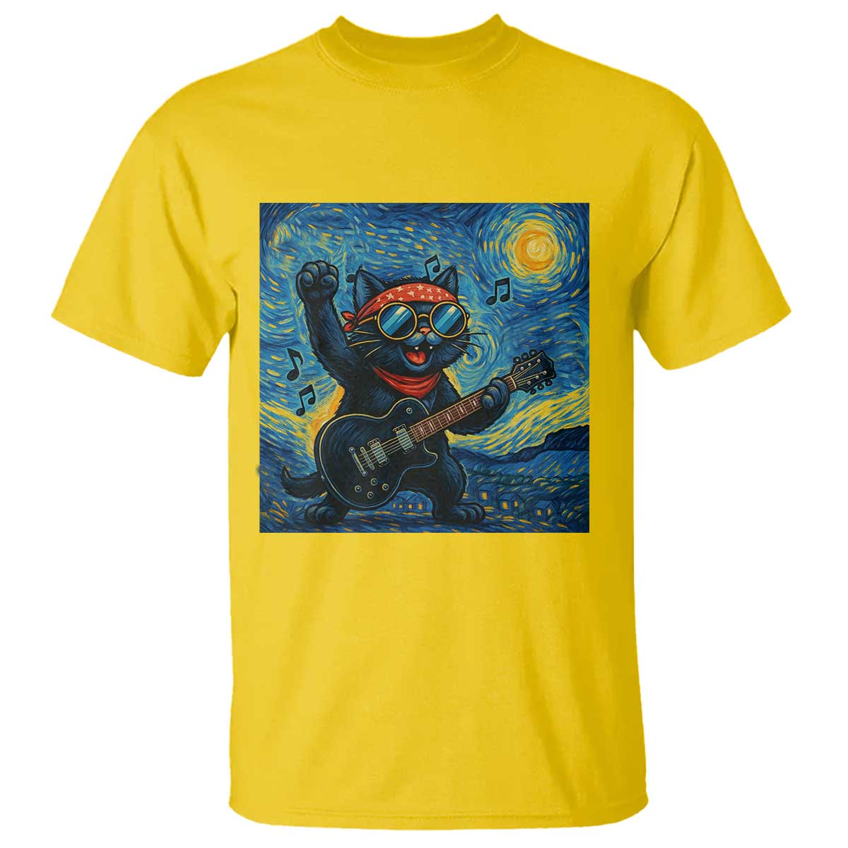Funny Rock And Roll T Shirt Cat Playing Guitar Starry Night Music Lover TS12 Daisy Print Your Wear