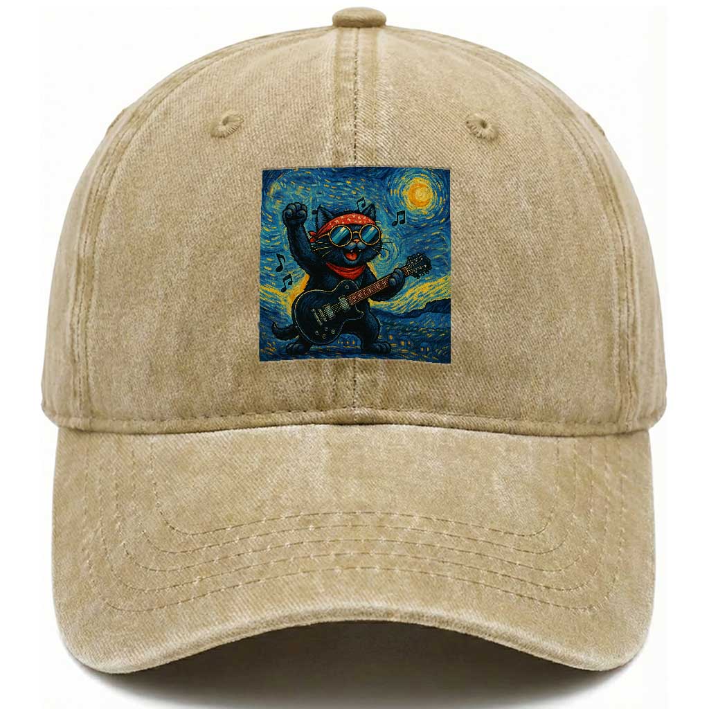 Funny Rock And Roll Washed Cotton Baseball Cap Cat Playing Guitar Starry Night Music Lover TS12 Print Your Wear