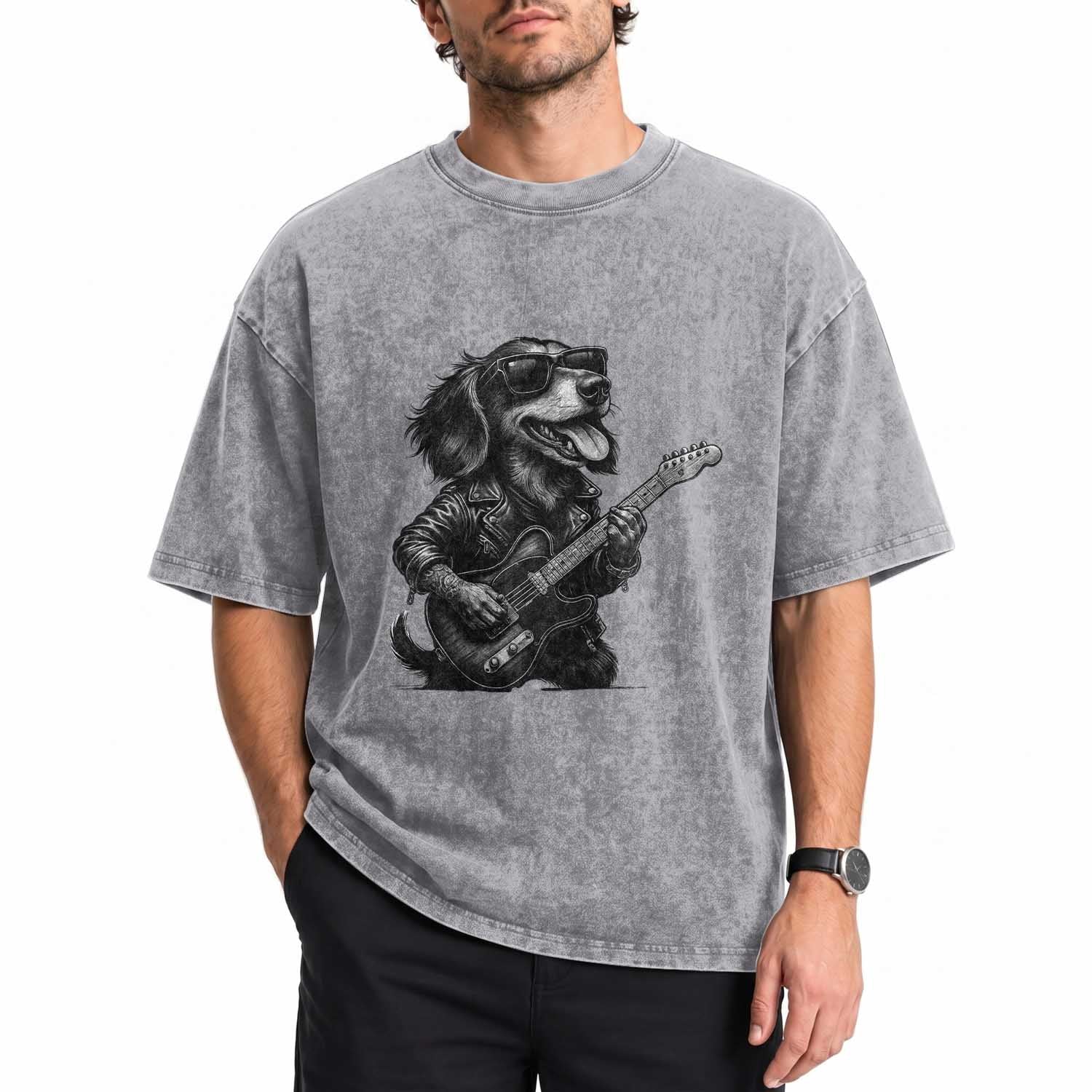 Rock And Roll Dachshund Washed Cotton T-Shirt Dog Playing Guitar Music Lover
