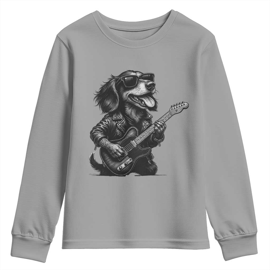 Rock And Roll Dachshund Youth Sweatshirt Dog Playing Guitar Music Lover TS12 Sport Gray Print Your Wear