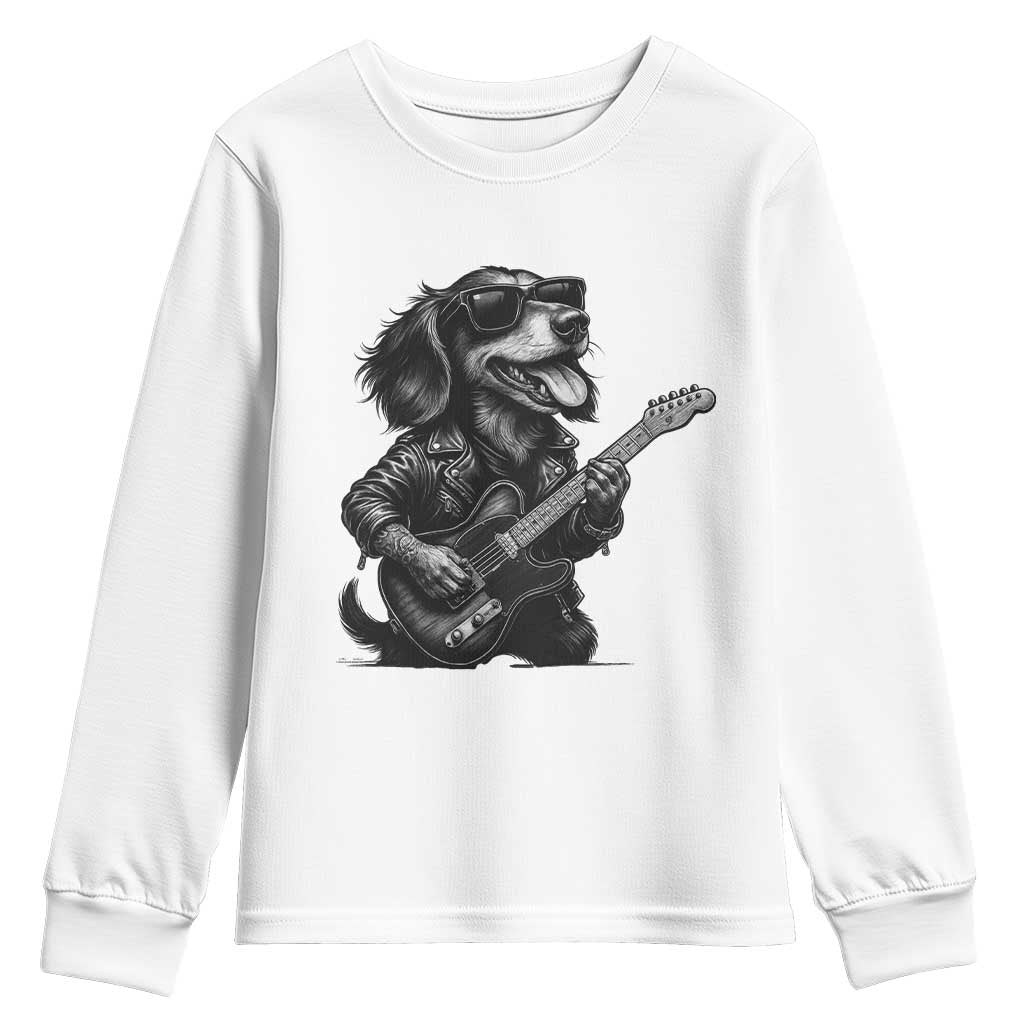 Rock And Roll Dachshund Youth Sweatshirt Dog Playing Guitar Music Lover TS12 White Print Your Wear