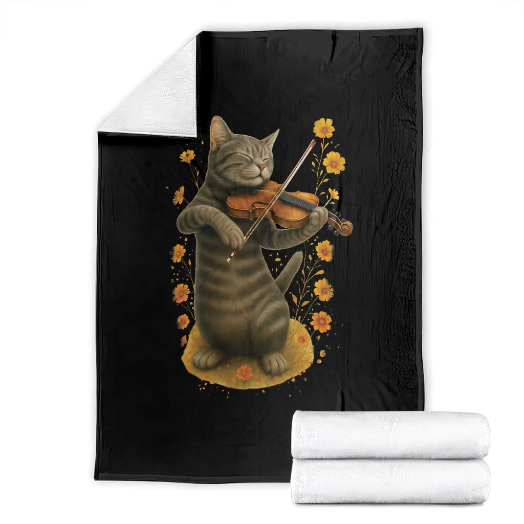 Vintage Cat Playing Violin Throw Blanket Flowers Classical Music Cottagecore Music Lover Gift TS12 Black Print Your Wear