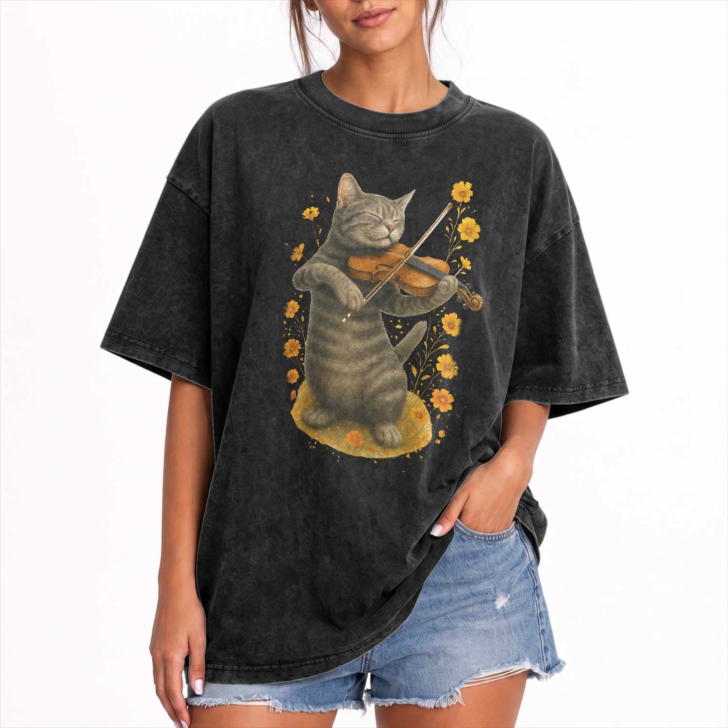 Vintage Cat Playing Violin Washed Cotton T-Shirt Flowers Classical Music Cottagecore Music Lover Gift