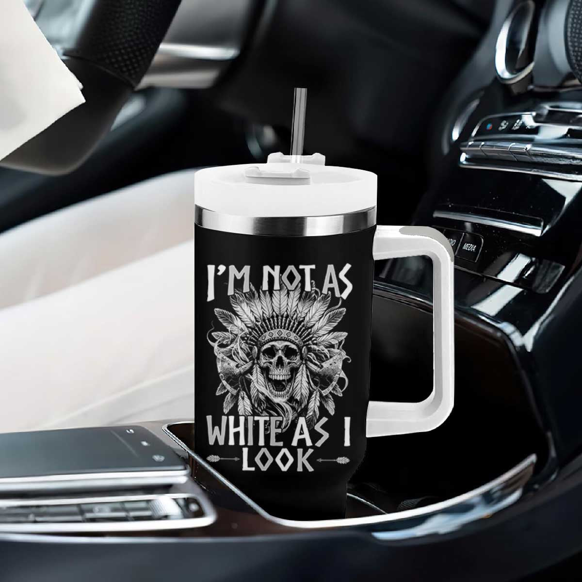 Vintage Native Warrior Skull Tumbler With Handle Im Not As White As I Look TS12 Print Your Wear