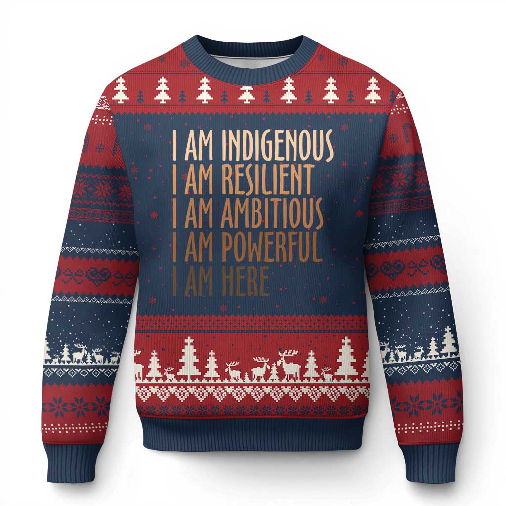 Indigenous Peoples Day Gifts Ugly Christmas Sweater Resilient Ambitious Powerful Here TS12 Navy Red Print Your Wear