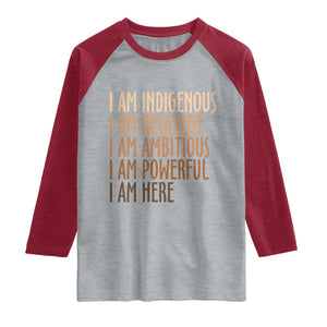 Indigenous Peoples Day Gifts Raglan Shirt Resilient Ambitious Powerful Here TS12 Heather Gray Heather Red Print Your Wear