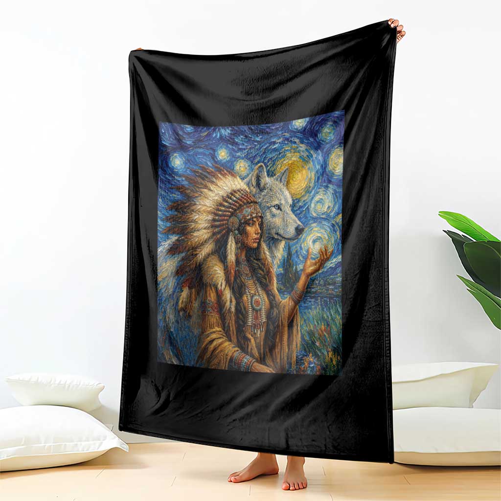 Native American Woman And White Wolf Throw Blanket Starry Night Inspired Art TS12 Print Your Wear