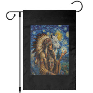 Native American Woman And White Wolf Garden Flag Starry Night Inspired Art TS12 Black Print Your Wear