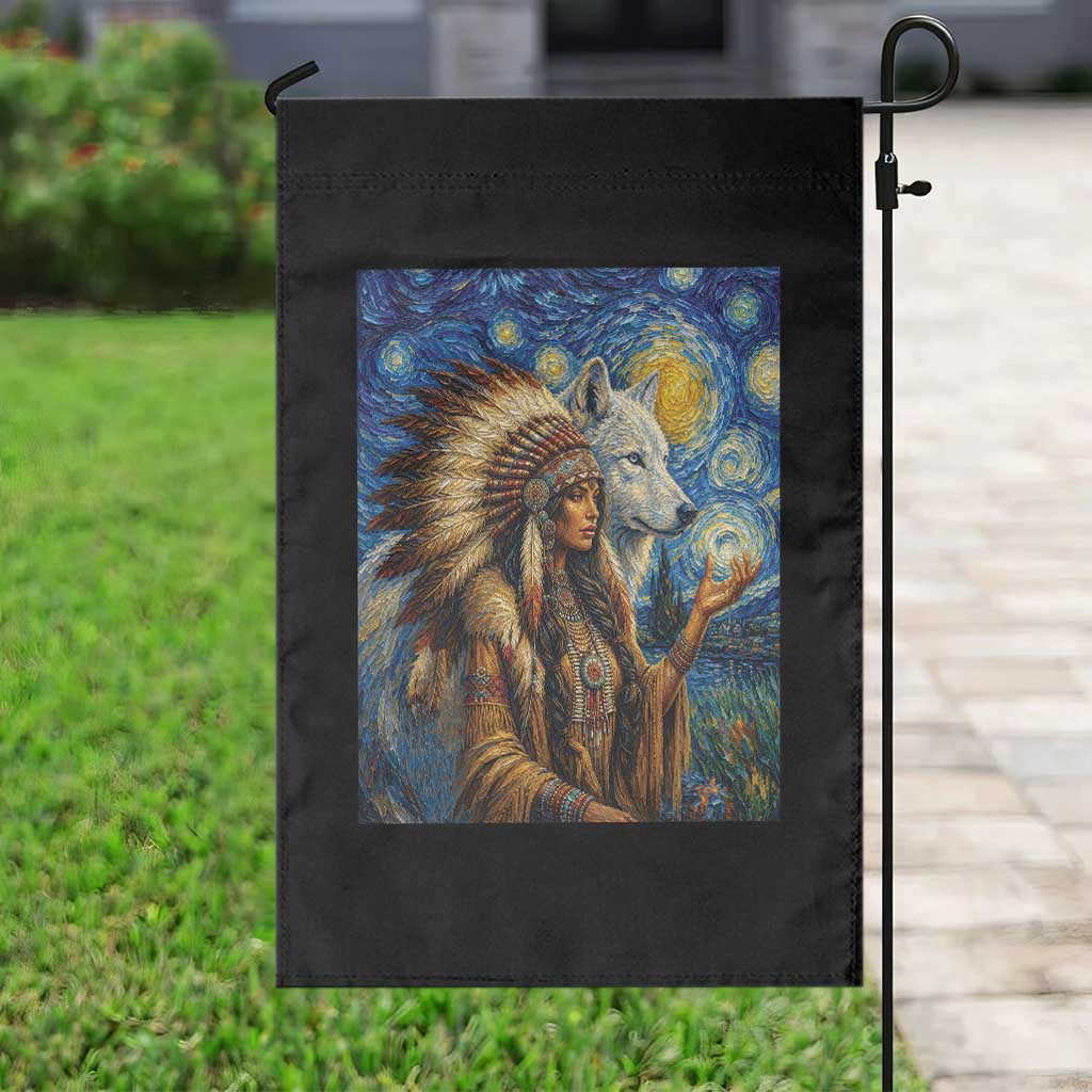 Native American Woman And White Wolf Garden Flag Starry Night Inspired Art TS12 Print Your Wear