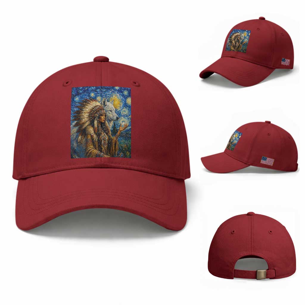 Native American Woman And White Wolf Baseball Cap Starry Night Inspired Art TS12 Baseball Cap Universal Fit Cherry Red Print Your Wear