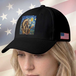 Native American Woman And White Wolf Baseball Cap Starry Night Inspired Art TS12 Print Your Wear