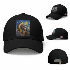 Native American Woman And White Wolf Baseball Cap Starry Night Inspired Art TS12 Baseball Cap Universal Fit Black Print Your Wear