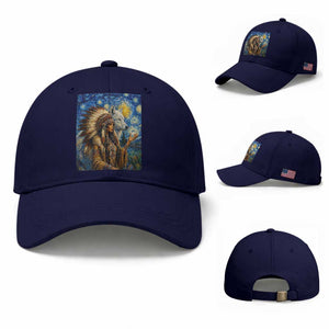Native American Woman And White Wolf Baseball Cap Starry Night Inspired Art TS12 Baseball Cap Universal Fit Dark Blue Print Your Wear