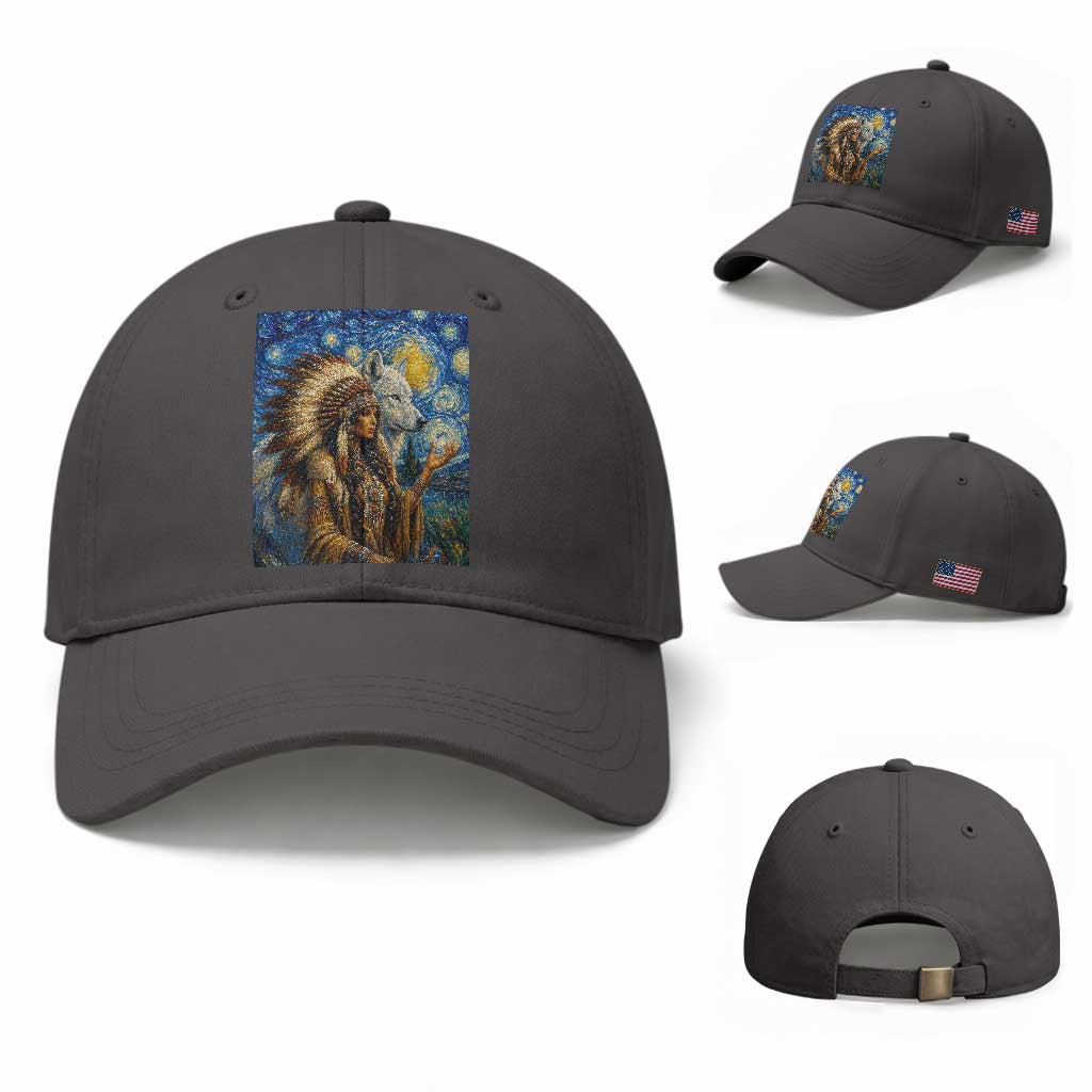 Native American Woman And White Wolf Baseball Cap Starry Night Inspired Art TS12 Baseball Cap Universal Fit Dark Gray Print Your Wear
