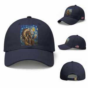 Native American Woman And White Wolf Baseball Cap Starry Night Inspired Art TS12 Baseball Cap Universal Fit Navy Print Your Wear