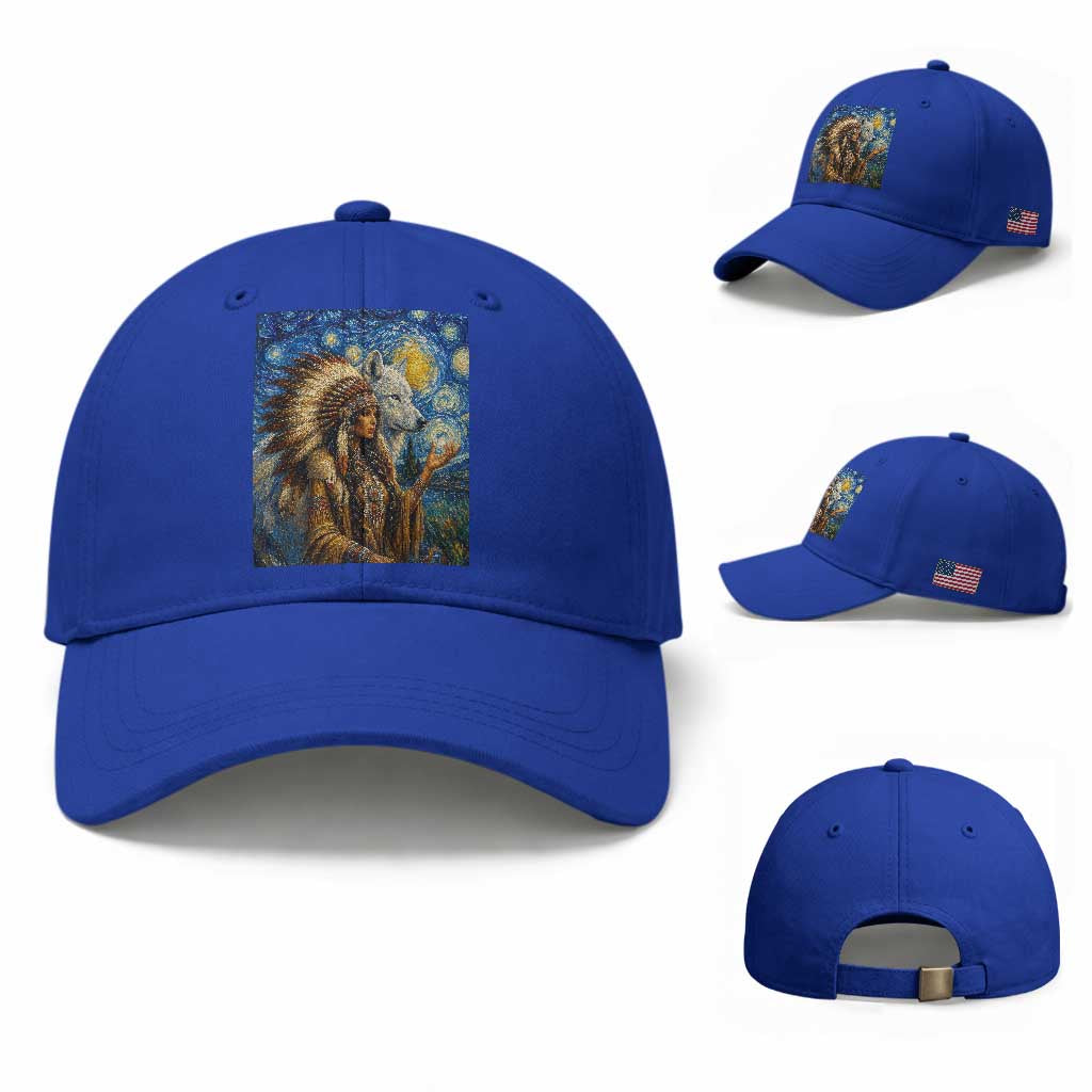Native American Woman And White Wolf Baseball Cap Starry Night Inspired Art TS12 Baseball Cap Universal Fit Royal Blue Print Your Wear