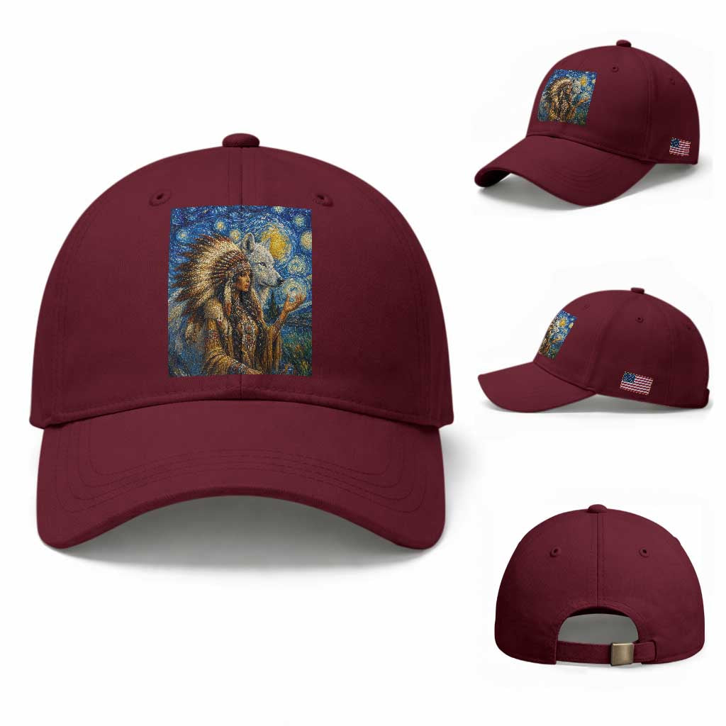 Native American Woman And White Wolf Baseball Cap Starry Night Inspired Art TS12 Baseball Cap Universal Fit Maroon Print Your Wear