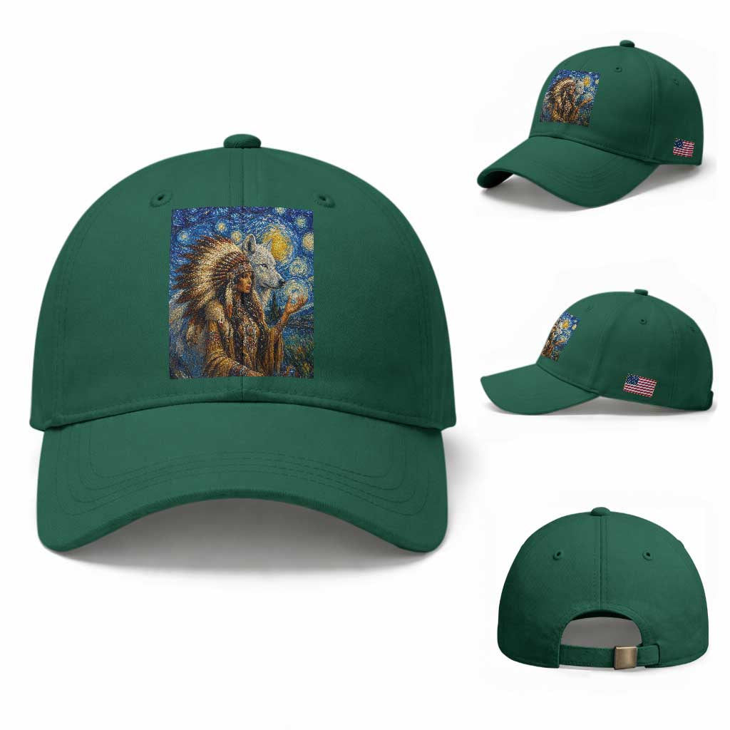 Native American Woman And White Wolf Baseball Cap Starry Night Inspired Art TS12 Baseball Cap Universal Fit Irish Green Print Your Wear