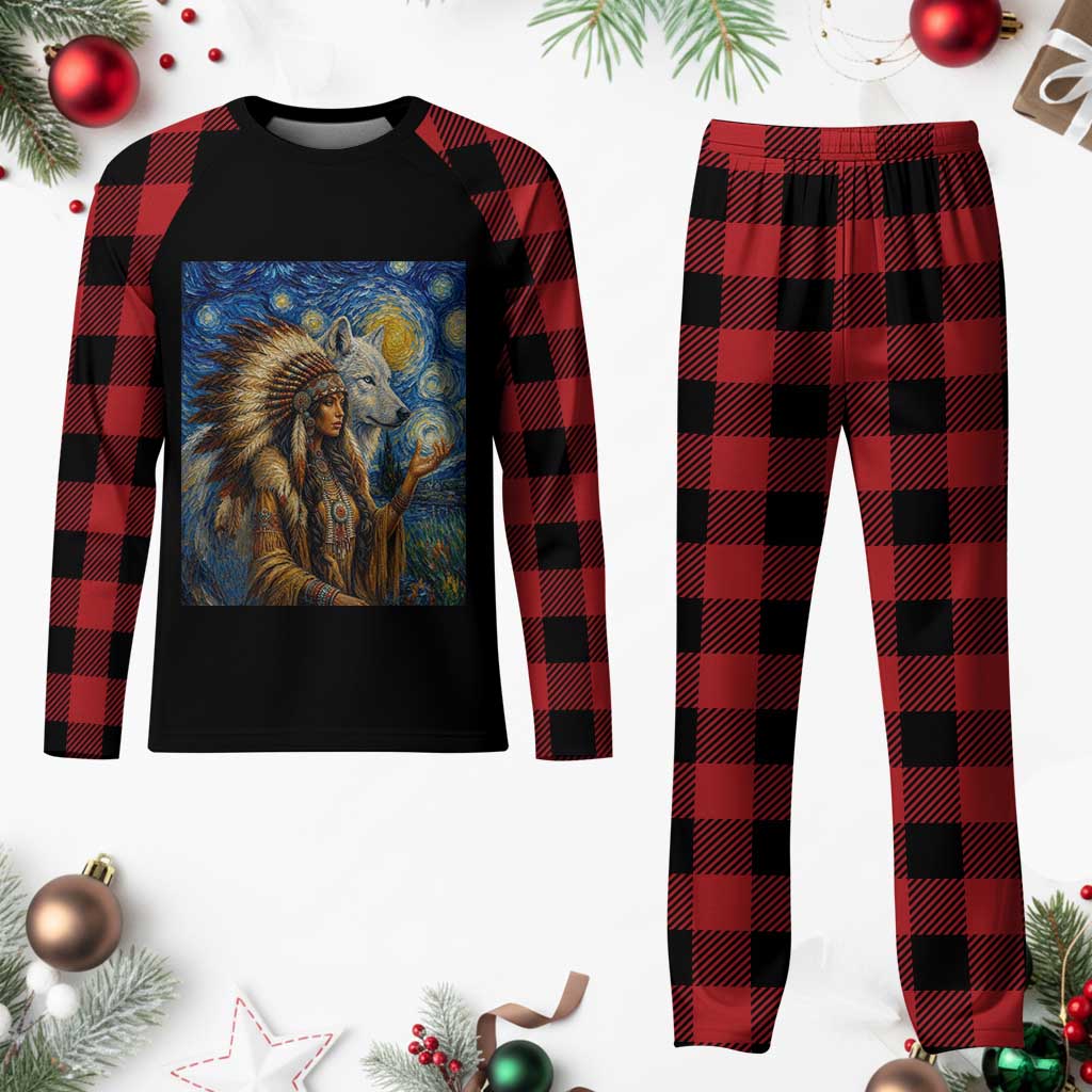 Native American Woman And White Wolf Plaid Pajama Set Starry Night Inspired Art TS12 Buffalo Plaid Print Your Wear