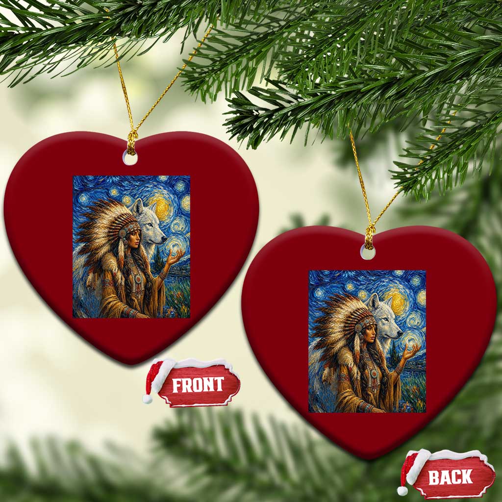 Native American Woman And White Wolf Ceramic Ornament Starry Night Inspired Art TS12 Print Your Wear