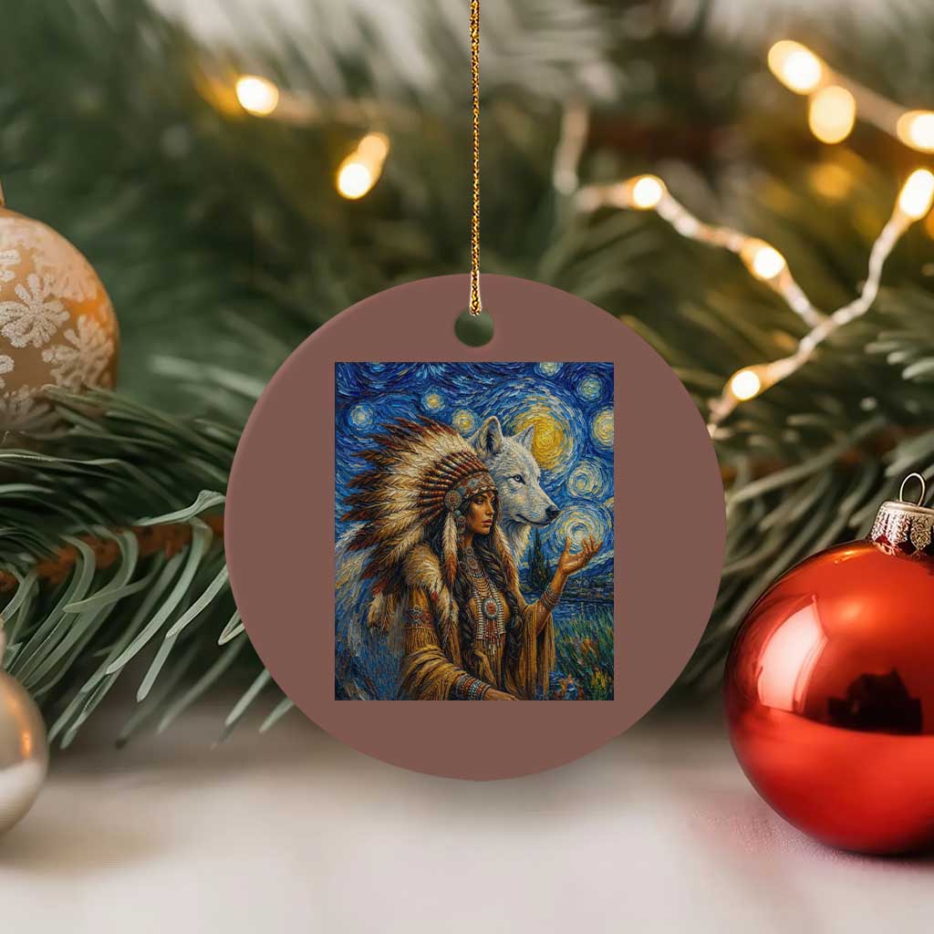Native American Woman And White Wolf Ceramic Ornament Starry Night Inspired Art TS12 1pc Mocha Print Your Wear