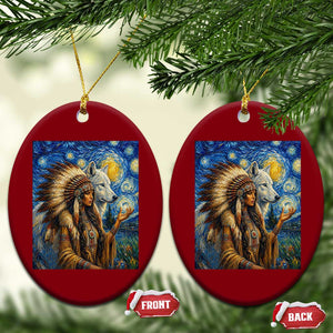 Native American Woman And White Wolf Ceramic Ornament Starry Night Inspired Art TS12 Print Your Wear