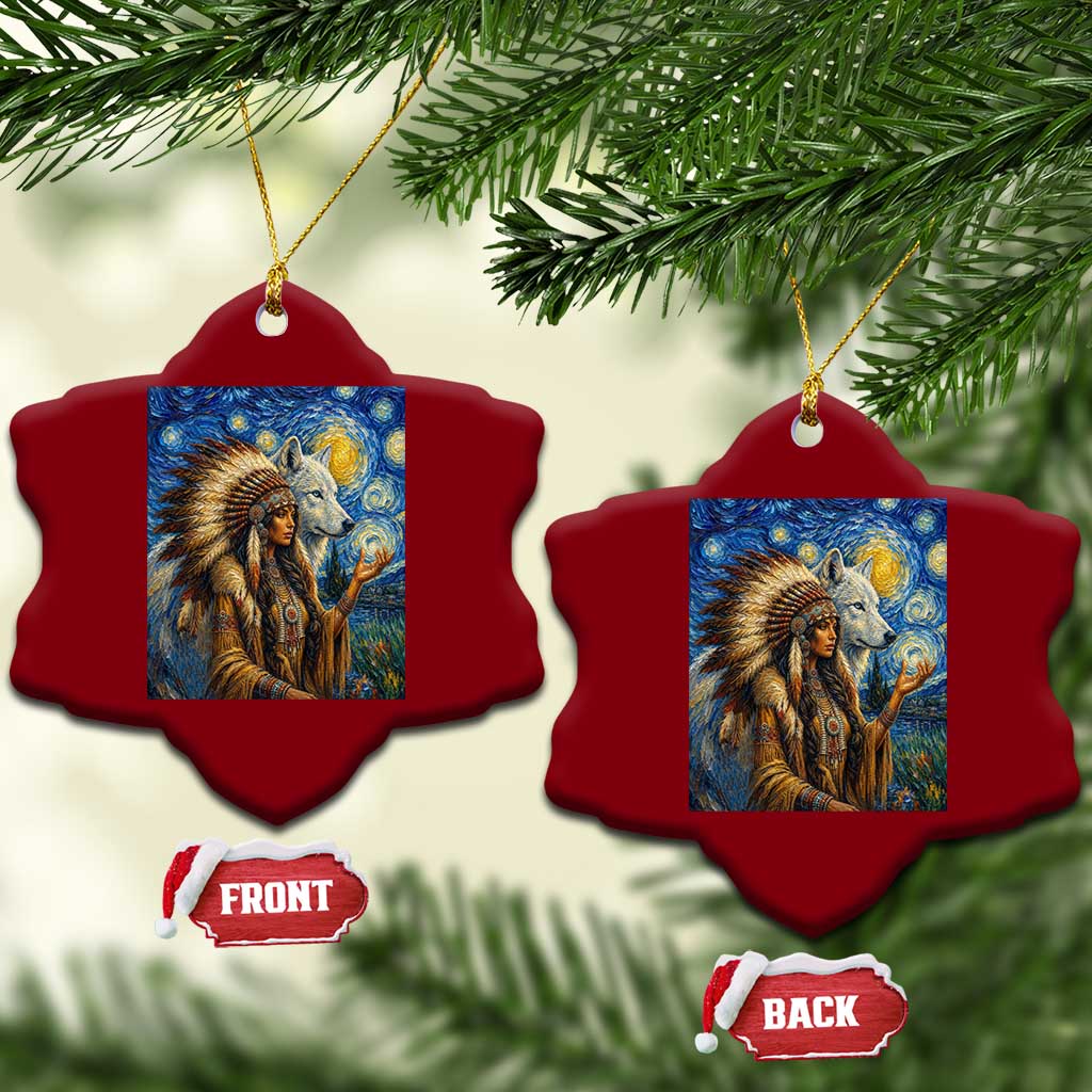 Native American Woman And White Wolf Ceramic Ornament Starry Night Inspired Art TS12 Print Your Wear