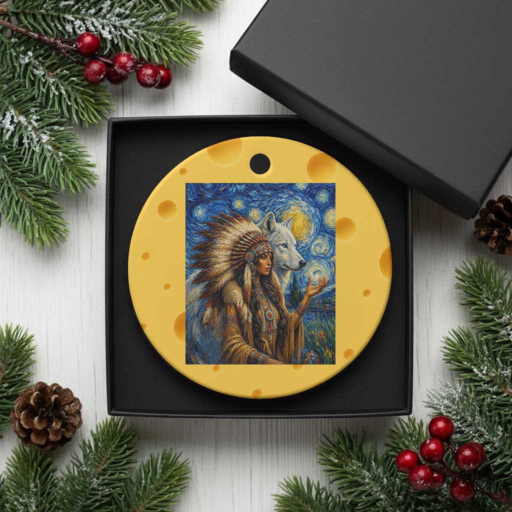 Native American Woman And White Wolf Ceramic Ornament Starry Night Inspired Art TS12 1pc Yellow Cheese Print Your Wear