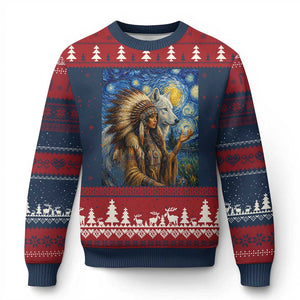 Native American Woman And White Wolf Ugly Christmas Sweater Starry Night Inspired Art TS12 Navy Red Print Your Wear