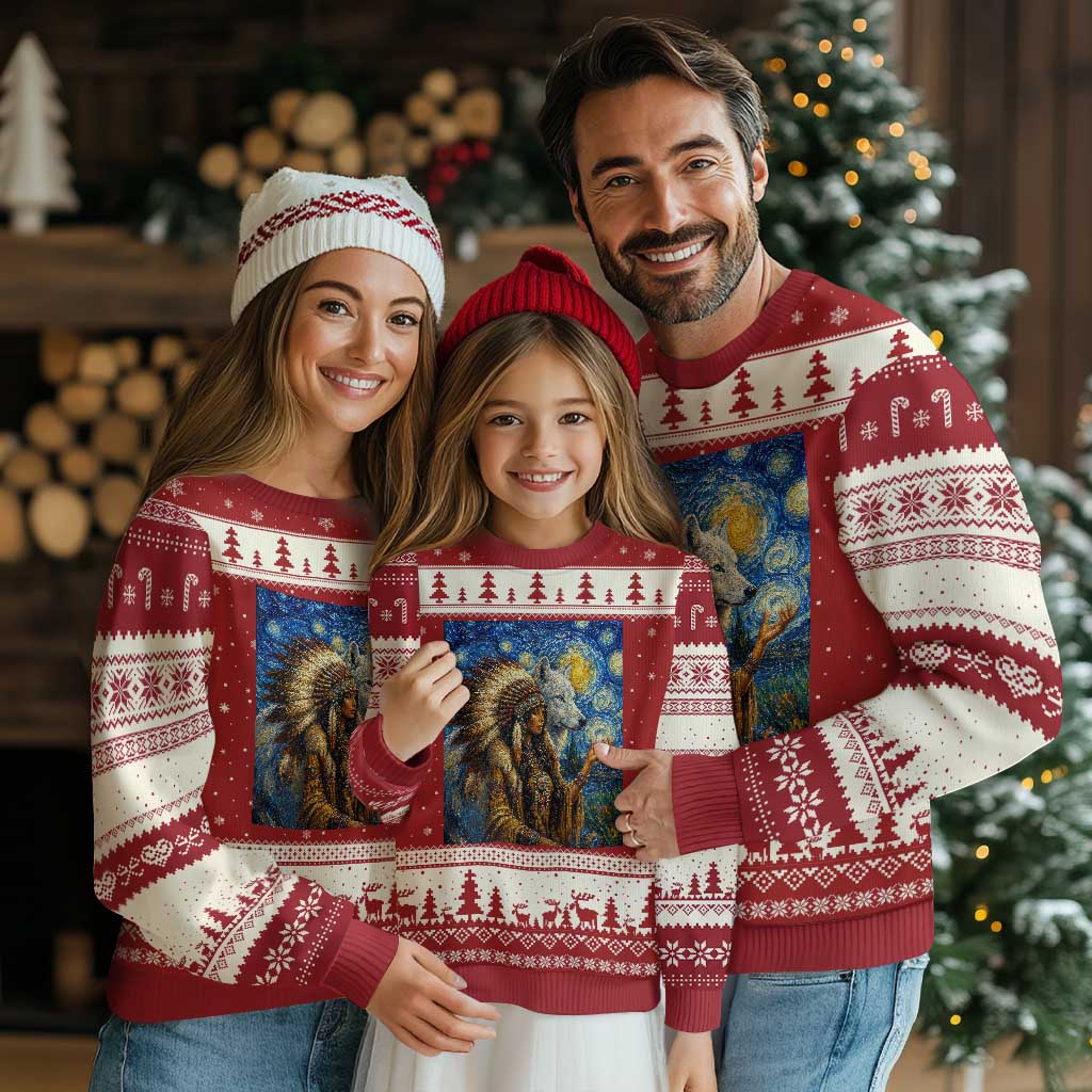 Native American Woman And White Wolf Ugly Christmas Sweater Starry Night Inspired Art TS12 Red Beige Print Your Wear
