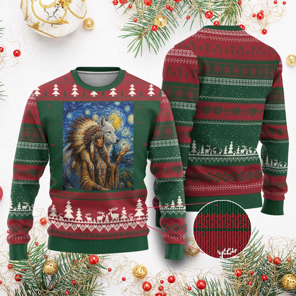 Native American Woman And White Wolf Ugly Christmas Sweater Starry Night Inspired Art TS12 Red Green Print Your Wear