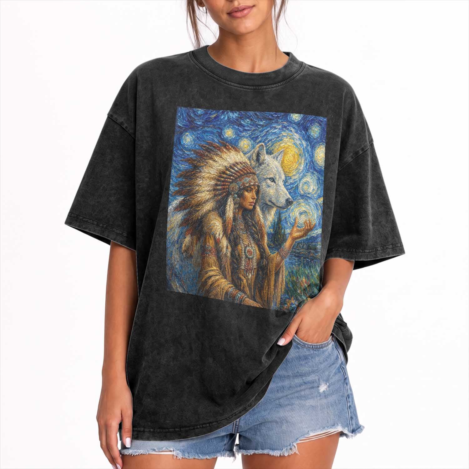 Native American Woman And White Wolf Washed Cotton T-Shirt Starry Night Inspired Art