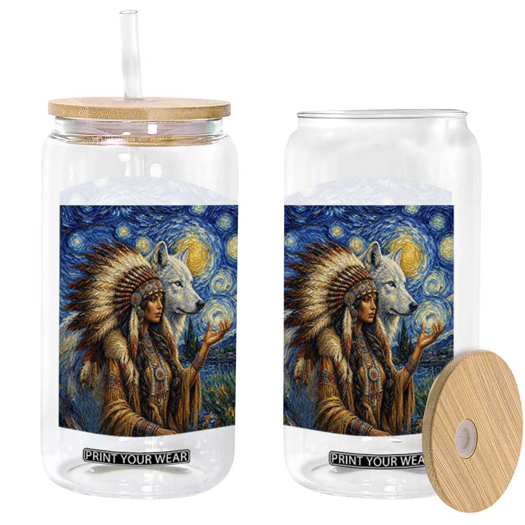 Native American Woman And White Wolf Glass Can Starry Night Inspired Art TS12 Print Your Wear