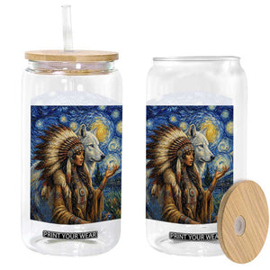 Native American Woman And White Wolf Glass Can Starry Night Inspired Art TS12 Print Your Wear