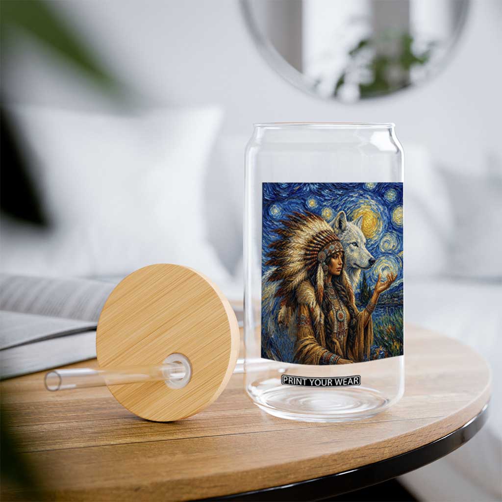 Native American Woman And White Wolf Glass Can Starry Night Inspired Art TS12 Print Your Wear